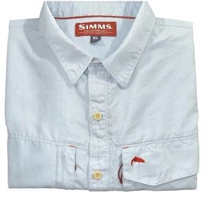 Simms Shirt Mens XL Light Blue Short Sleeve Fishing Button Front Zip Pocket